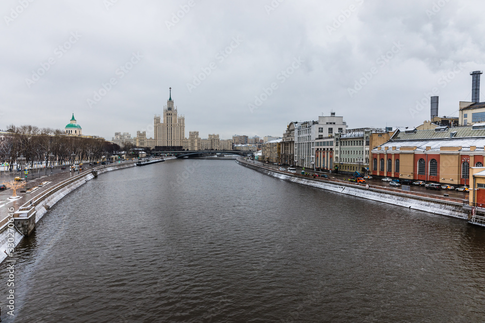City views from The Zaryadye Park, a landscape urban park located near Red Square, on the site of the former Rossiya Hotel in Moscow, Russia