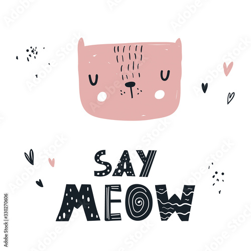 Vector color hand-drawn children’s illustration, poster, print, card with a cute cat, hearts and lettering say meow in Scandinavian style on a white background. Cute baby animals. Scandinavian