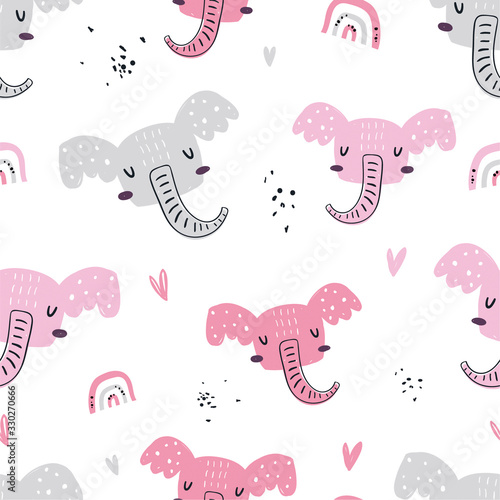Vector color hand-drawn seamless repeating childish pattern with cute elephants in Scandinavian style on a white background. Seamless kids scandy pattern. Cute animals. Scandi elephant pattern © ZHUKO