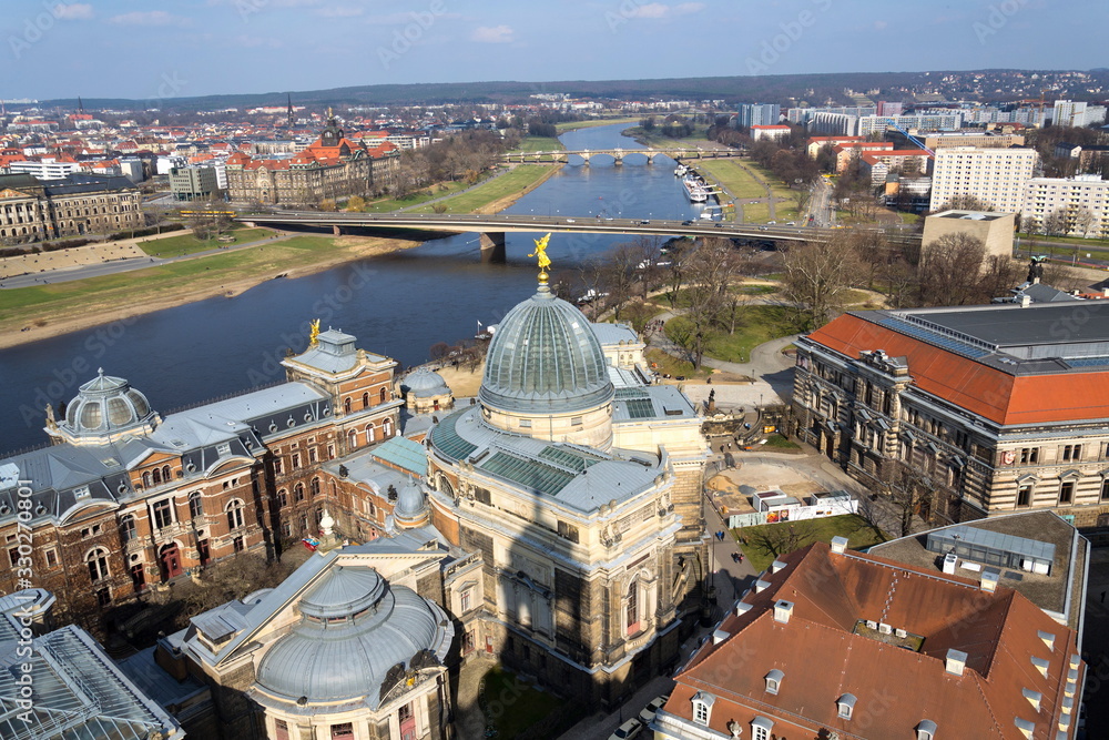 Amazing Dresden aerial view with bridge over river Elbe on sunny spring day, Germany