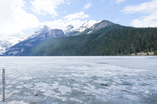 Mount fairview, partly frozen lake, Lake Louise Banff National Park, Alberta Canada