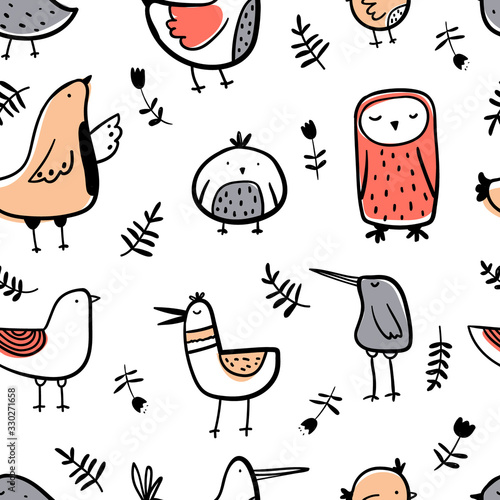 Vector seamless repeating color cute childish hand-drawn pattern with different birds, leaves in Scandinavian style on a white background. Cute childish seamless pattern with birds. Doodle birds.