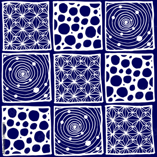 Squares with different patterns inside. Tiles with illustrations.