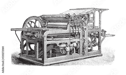 Old automatic cylinder printing press / vintage illustration from Brockhaus Konversations-Lexikon 1908