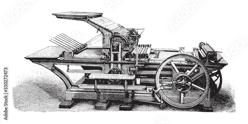 Old automatic cylinder printing press / vintage illustration from Brockhaus Konversations-Lexikon 1908