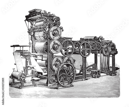 Old automatic cylinder printing press / vintage illustration from Brockhaus Konversations-Lexikon 1908