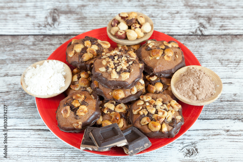 hazelnut and chocolate chip cookies, cocoa and hazelnuts hazelnut and chocolate chip cookies, cocoa and hazelnuts