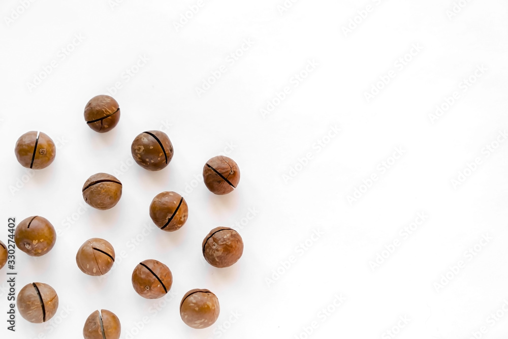 Macadamia nuts in the shell isolated on a white background close-up. Macadamia nuts in the shell isolated on a white background close-up.