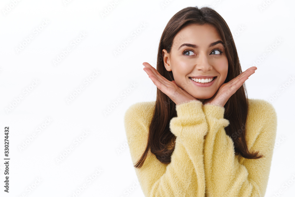 Cute beautiful and feminine young happy woman dreaming about vacation with boyfriend, paradise island honeymoon, look pleased and dreamy left side, leaning on hands, smiling white background Cute beautiful and feminine young happy woman dreaming about vacation with boyfriend, paradise island honeymoon, look pleased and dreamy left side, leaning on hands, smiling white background