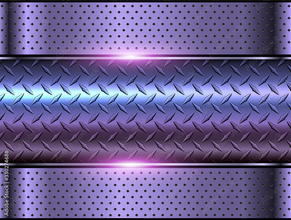 Background purple metallic, 3d chrome vector design with diamond plate