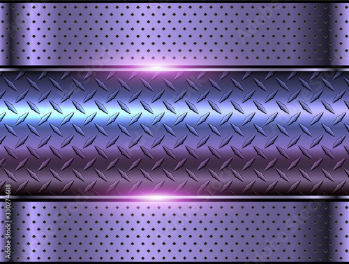 Background purple metallic, 3d chrome vector design with diamond plate sheet metal texture.