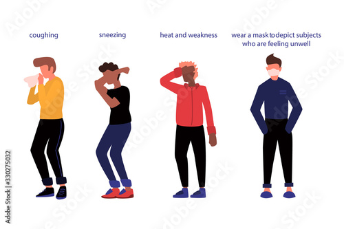 Set of men with the main symptoms of the disease, coughing, sneezing, fever and fatigue. Main preventing by wearing mask.