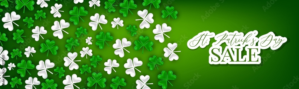 Saint Patricks Day banner, website or newsletter header with green clover leaves. Advertising template background design.Vector illustration. Saint Patricks Day banner, website or newsletter header with green clover leaves. Advertising template background design.Vector illustration.