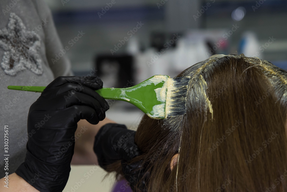 Fototapeta premium Professional hairdresser putting color mask dyeing hair of woman in beauty salon. Coloring hair spa and care procedures