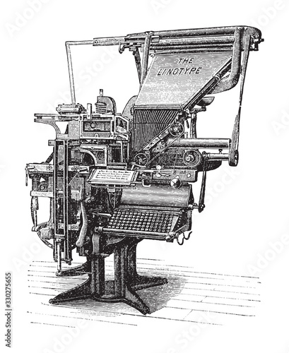 Old linotype machine / vintage illustration from Brockhaus Konversations-Lexikon 1908 photo