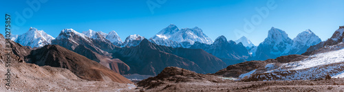 View from Renjo La facing to Everest Peak and Himalayan Mountains such as Nuptse, Lhotse, Hungchi, Kangchung, Chumbu, Pumori, Changtse, Nirekha, Makalu, Cholatse, Taboche and Phari Lapcha, Nepal photo