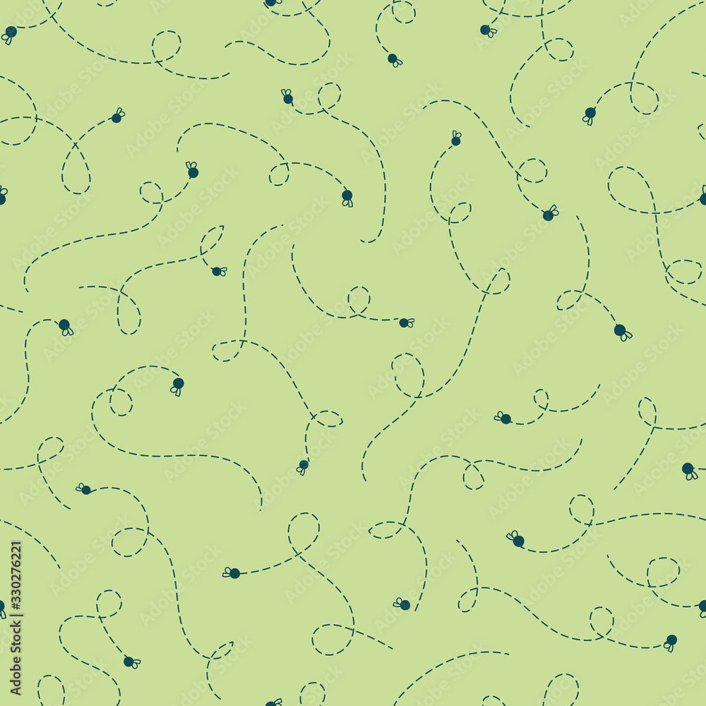 Flying insects seamless vector pattern on green background. Flies surface print design. Bugs illustration.