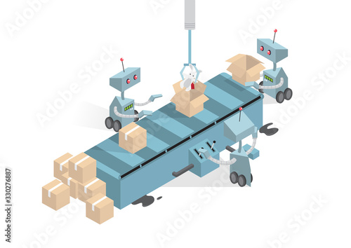 Robots work on the conveyor, production line, vector illustration on white background