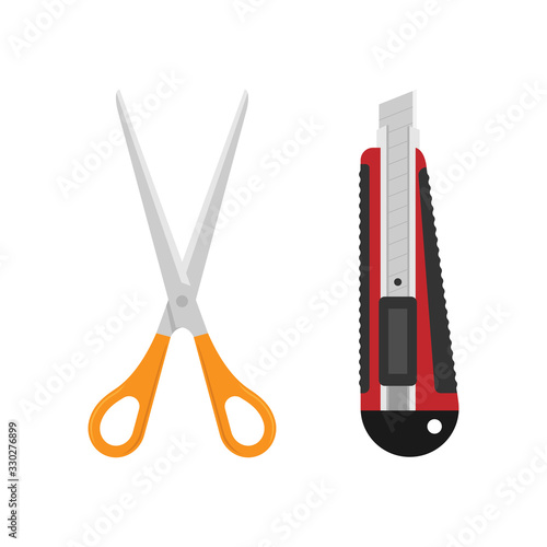 Scissors and cutter knife, flat design, vector illustration, isolated on white background