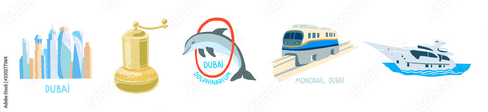 set of 5 Dubai hand drawing icons - skyscrapers, oriental coffee grinder, dolphin, monorail and yacht set of 5 Dubai hand drawing icons - skyscrapers, oriental coffee grinder, dolphin, monorail and yacht