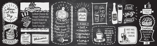 Chalk menu board - desserts, sandwiches, menu of the day, pop corn, drinks