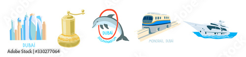 set of 5 Dubai hand drawing icons - skyscrapers, oriental coffee grinder, dolphin, monorail and yacht