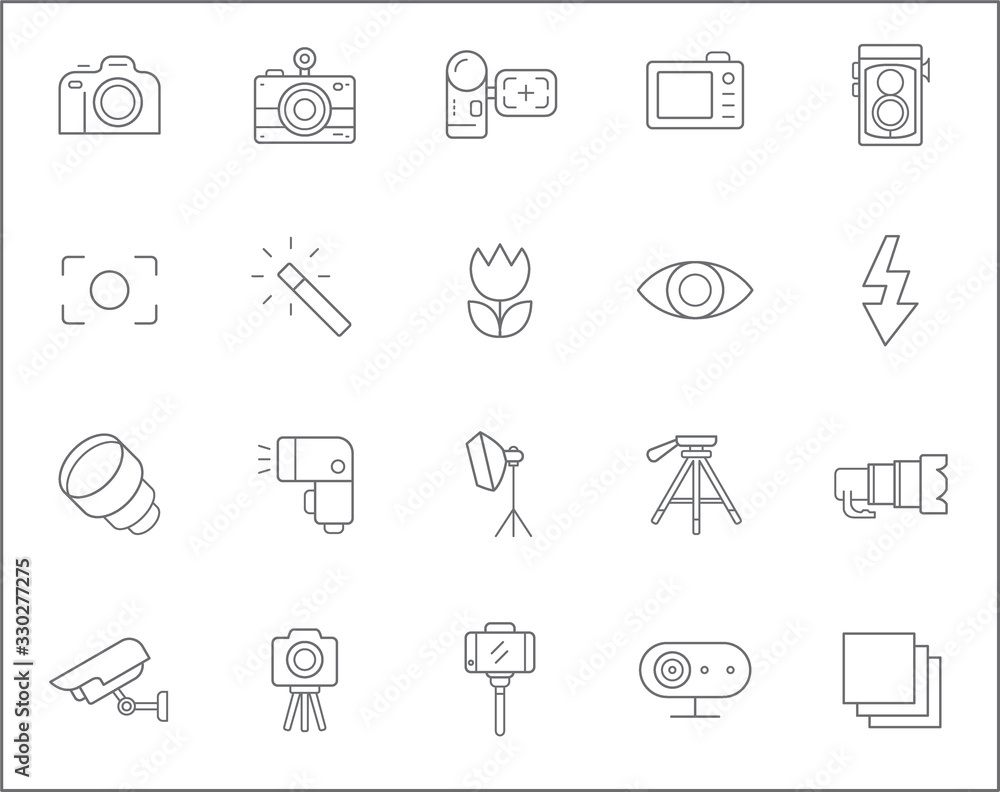 Fototapeta premium Set of camera and photography Icons line style. It contains such Icons as media, photos, security camera, lens, film, video and other elements. Customize color and easy to resize.