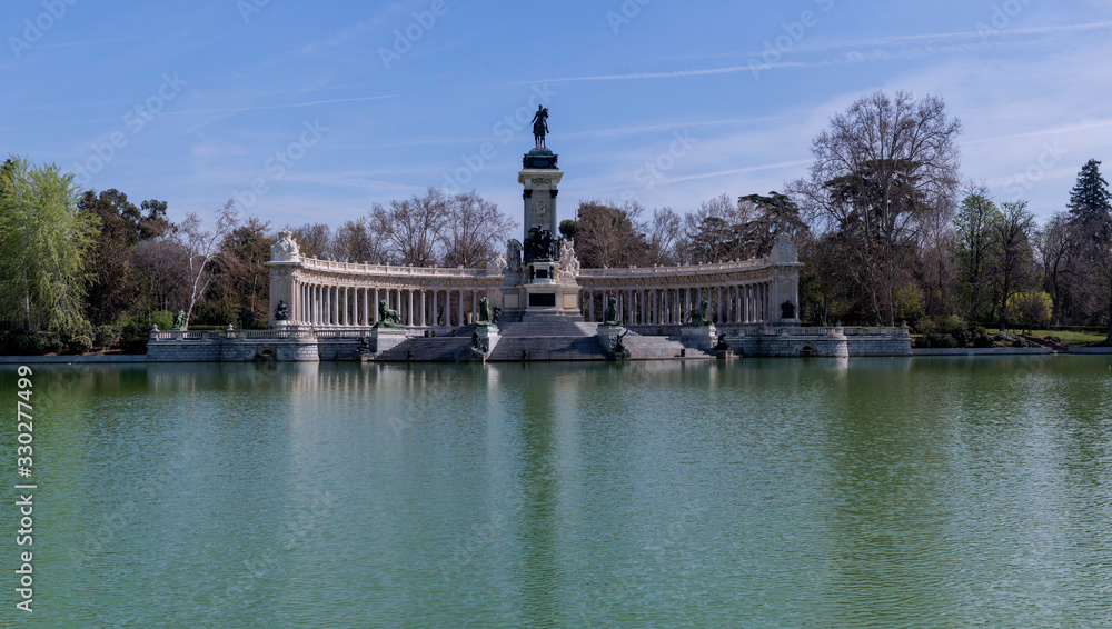 Panoramic view of the pond of the Retiro Park, in Madrid, capital of Spain, where there are no boats or people