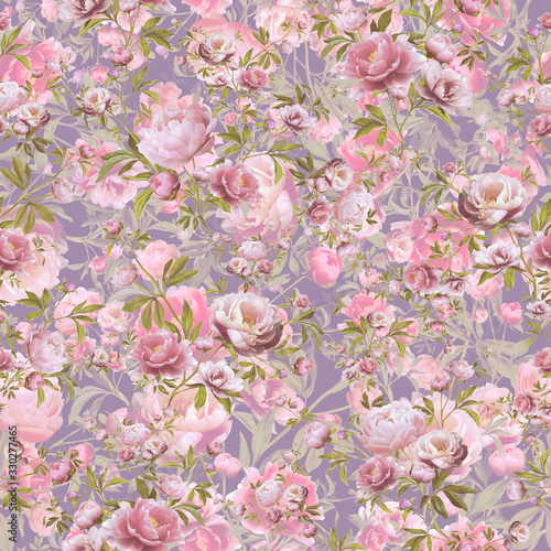 Seamless floral pattern. Vintage textile design. Peony flowers
