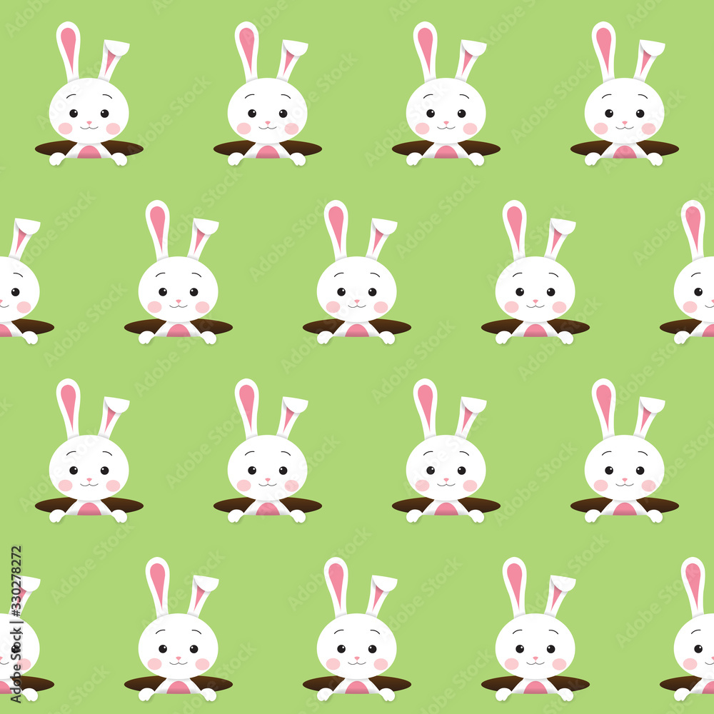 Seamless pattern with cute white rabbit or bunny pops out of the hole on green background, Happy Easter day concept Seamless pattern with cute white rabbit or bunny pops out of the hole on green background, Happy Easter day concept