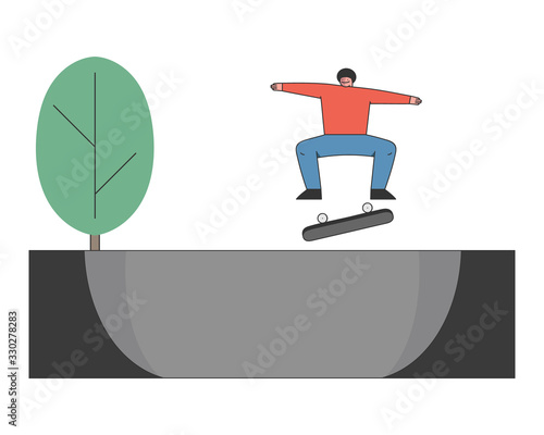 Concept Of Skateboard Ride, Sports Activity. Teenager Skateboarder Is Riding Skateboard. Skateboarding Boy is Making Stunts on Board in The Skatepark. Cartoon Outline Linear Flat Vector Illustration