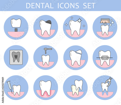 Dental icons set. Elements for dental clinics, dentists, and orthodontists. Pulpitis, teeth whitening, braces, dental treatment. Vector illustration.