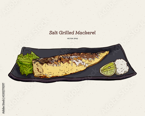 Salt Grilled Mackerel, hand draw sketch vector.