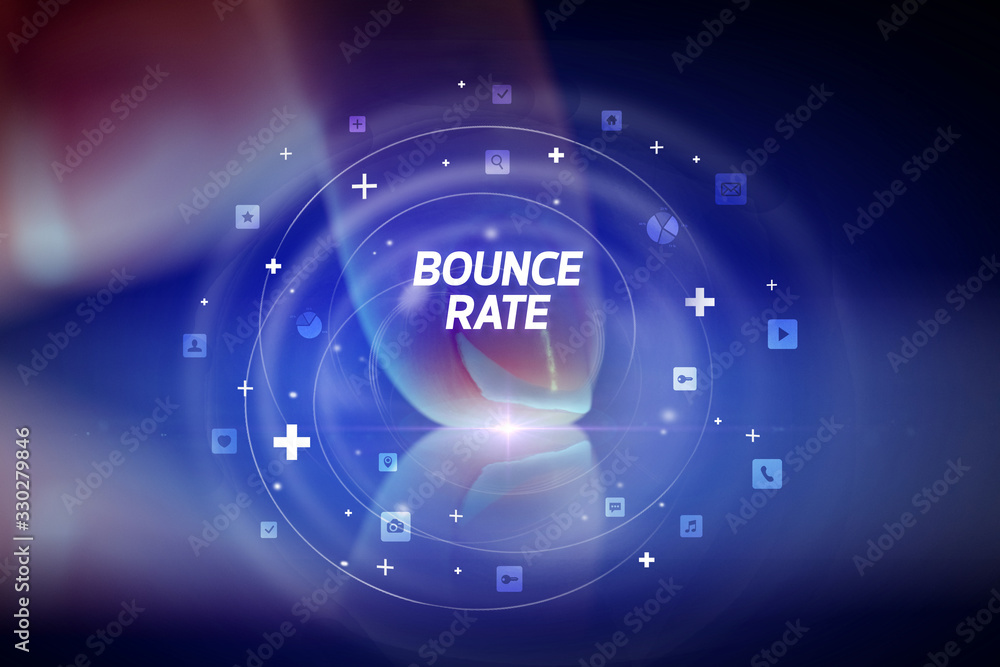 Finger touching tablet with social media icons and BOUNCE RATE Finger touching tablet with social media icons and BOUNCE RATE
