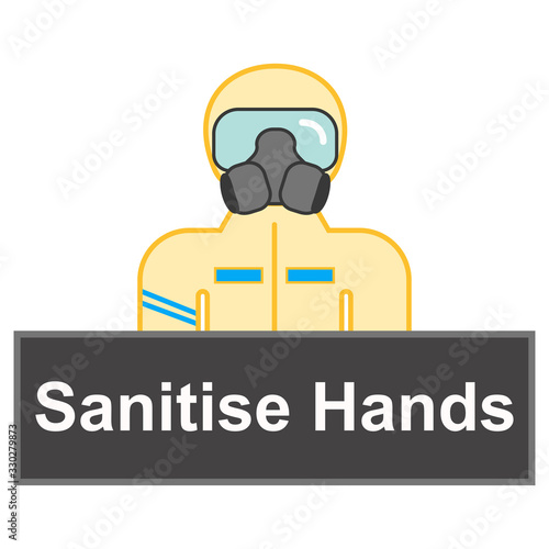 Man wearing protective suit (hazmat suit , decontamination suit) shows sign Sanitise Hands. Coronovirus epidemic personal protective equipment. Preventive measures. Steps to protect yourself