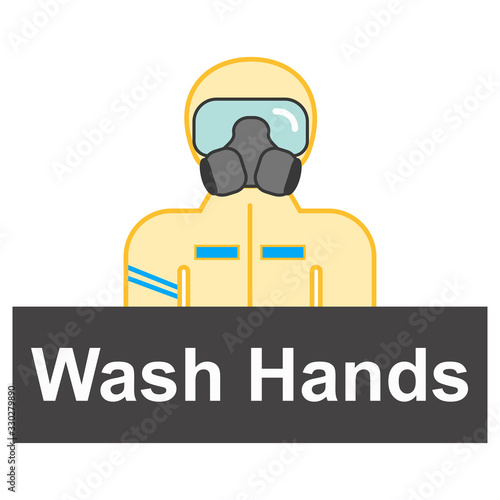 Man wearing protective suit (hazmat suit , decontamination suit) shows sign wash hands. Coronovirus epidemic personal protective equipment. Preventive measures. Steps to protect yourself