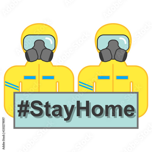 Man wearing protective suit (hazmat suit , decontamination suit) shows sign Stay Home. Coronovirus epidemic personal protective equipment. Preventive measures. Steps to protect yourself