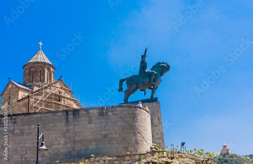 Metekhi Church and Monument of King Vakhtang I Gorgasali in Tbilisi, Georgia