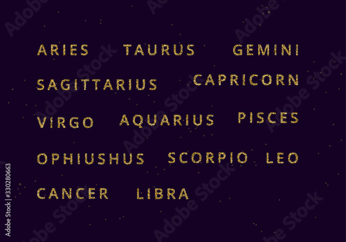 Vector golden and glitter horoscope signs names. Zodiac celestial signs names, stylized as shiny sparkle line and dots. Cancer, gemini and other zodiacal sign in one set