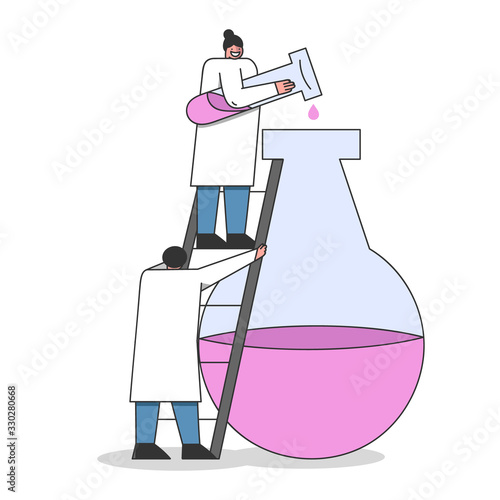 Laboratory Exploring And Experiments Concept. Chemistry and Laboratory Technician Are Making An Chemical Experiment Under Laboratory Conditions. Cartoon Linear Outline Flat Style. Vector Illustration