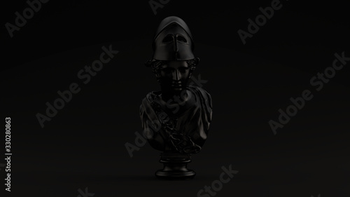 Black Minerva Bust Sculpture Black Background 3d illustration 3d render	 photo