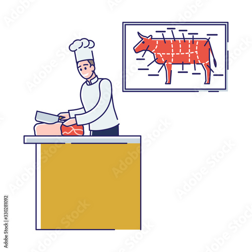 Butchery Shop Concept. Butcher In Uniform Is Cutting Beef Meat In Butchery Shop. Fresh Assortment Of Various Types of Meat With Beef Cuts Diagram. Cartoon Linear Outline Flat Vector Illustration