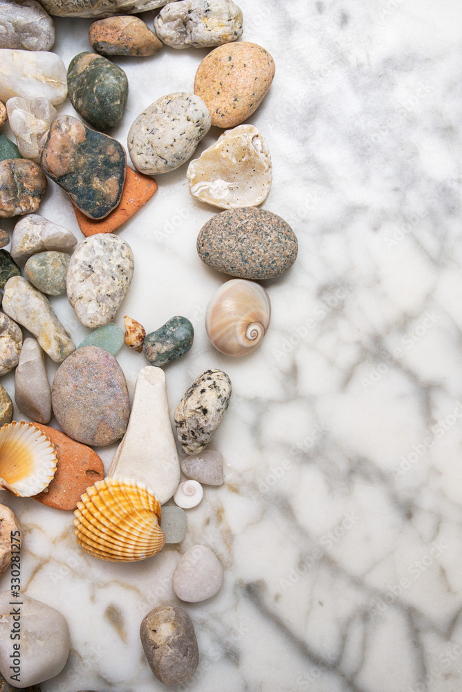 star, stones and shells lying on a marble background, vertical composition of sea stones and seashells, marine composition, composition of seashells, starfish, jellyfish, 