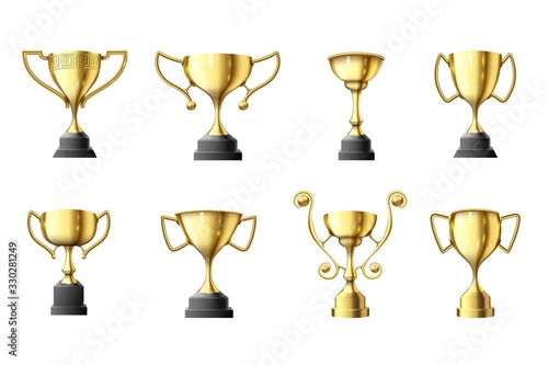 Golden trophy cup. Winners trophy, first place glossy gold cups and win sports prize vector illustration set. Cup gold for award and trophy championship, achievement competition