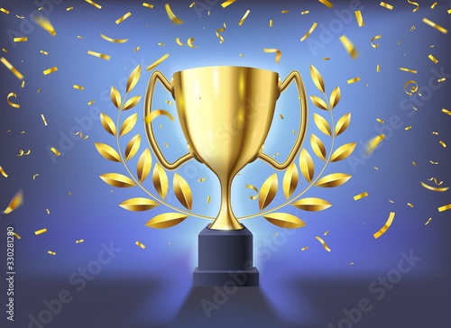 Realistic golden cup. Winners trophy celebration with flying confetti, glossy gold cup and sports prize with laurel wreath 3d vector illustration. Gold trophy with wreath laurel, golden confetti