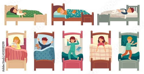 Kids sleeping in beds. Child sleeps in bed on pillow, young boy and girl asleep. Bedtime vector illustration set kids boy and girl, teen various sleeping pose in bed, lying and relax