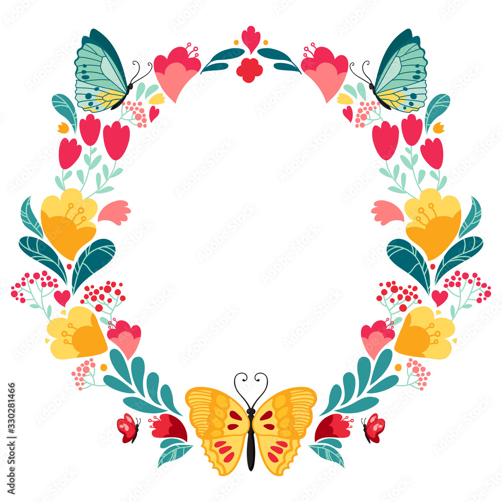 Fototapeta premium A circular arrangement with butterflies, flowers, hearts and dots. Place for text. Vector illustration isolated on white background. Spring or summer bright composition.