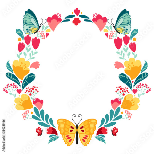 A circular arrangement with butterflies  flowers  hearts and dots. Place for text. Vector illustration isolated on white background. Spring or summer bright composition.