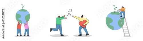 Concept Of Earth Day Environment protection. Cartoon Males And Females Characters Are Celebrating Earth Day. Men And Women Show Love To Nature. Set Of Cartoon Linear Outline Flat Vector Illustrations