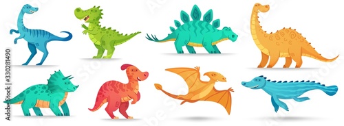 Cartoon dino. Cute dinosaur, funny ancient brontosaurus and green triceratops. Comic dinosaurs vector illustration set. Dinosaur and monster, comic prehistoric reptile
